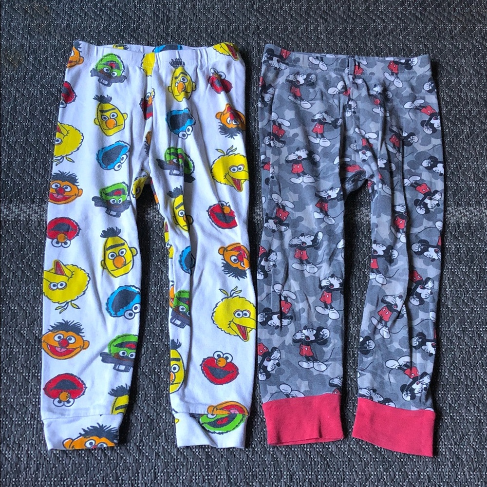 Kids Pajama Pants - Sesame Street & Mickey Mouse Characters, White & Gray